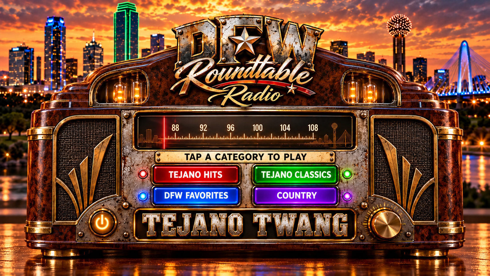 DFW Roundtable Tejano Twang antique radio with Dallas sunset skyline. Tap a category to play.